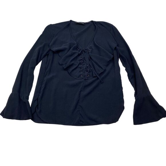 YIGAL AZROUËL Silk V-Neck Blouse Ruffle Lace Up 4 - Picture 2 of 6